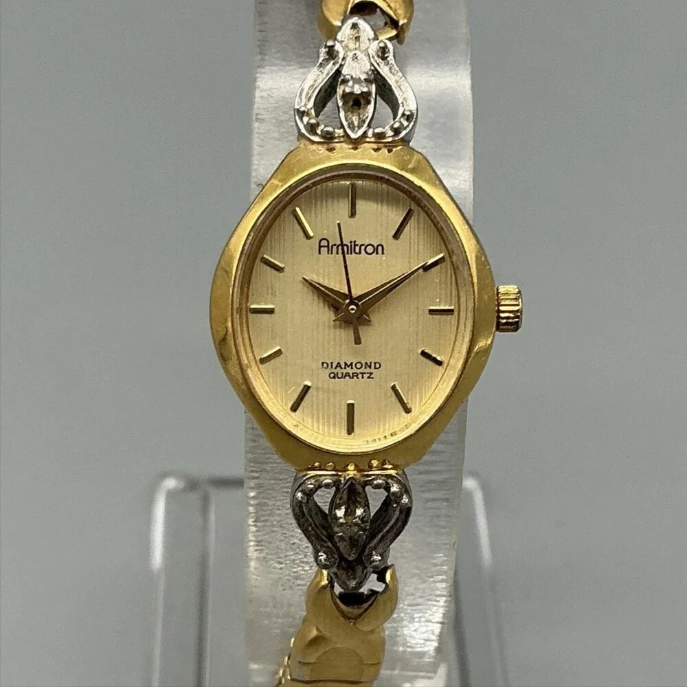 Vtg Armitron Diamond Womens Watch 18mm Champagne Dial Gold Tone New Battery